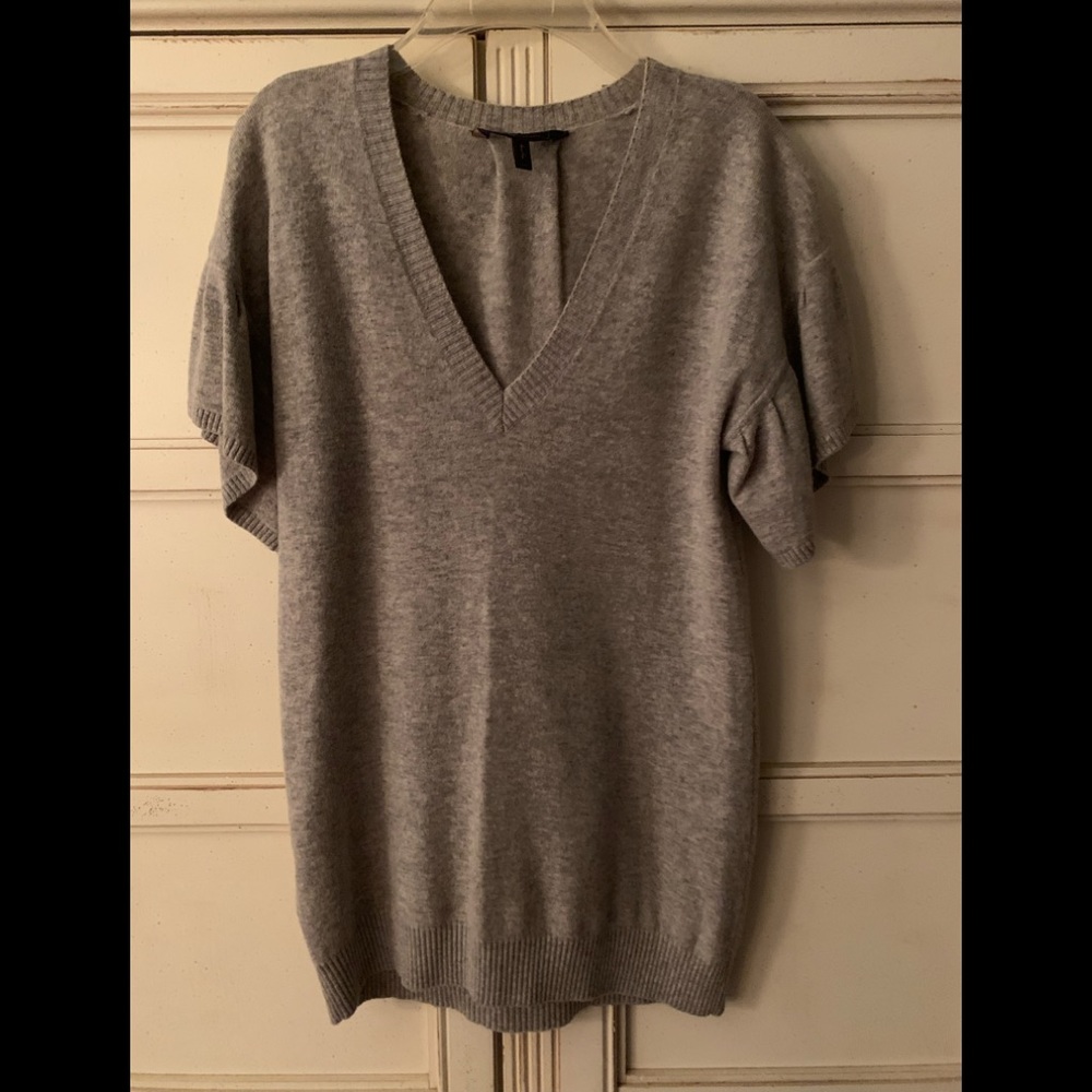 BCBGMaxazria. Gray long knit v neck sweater.